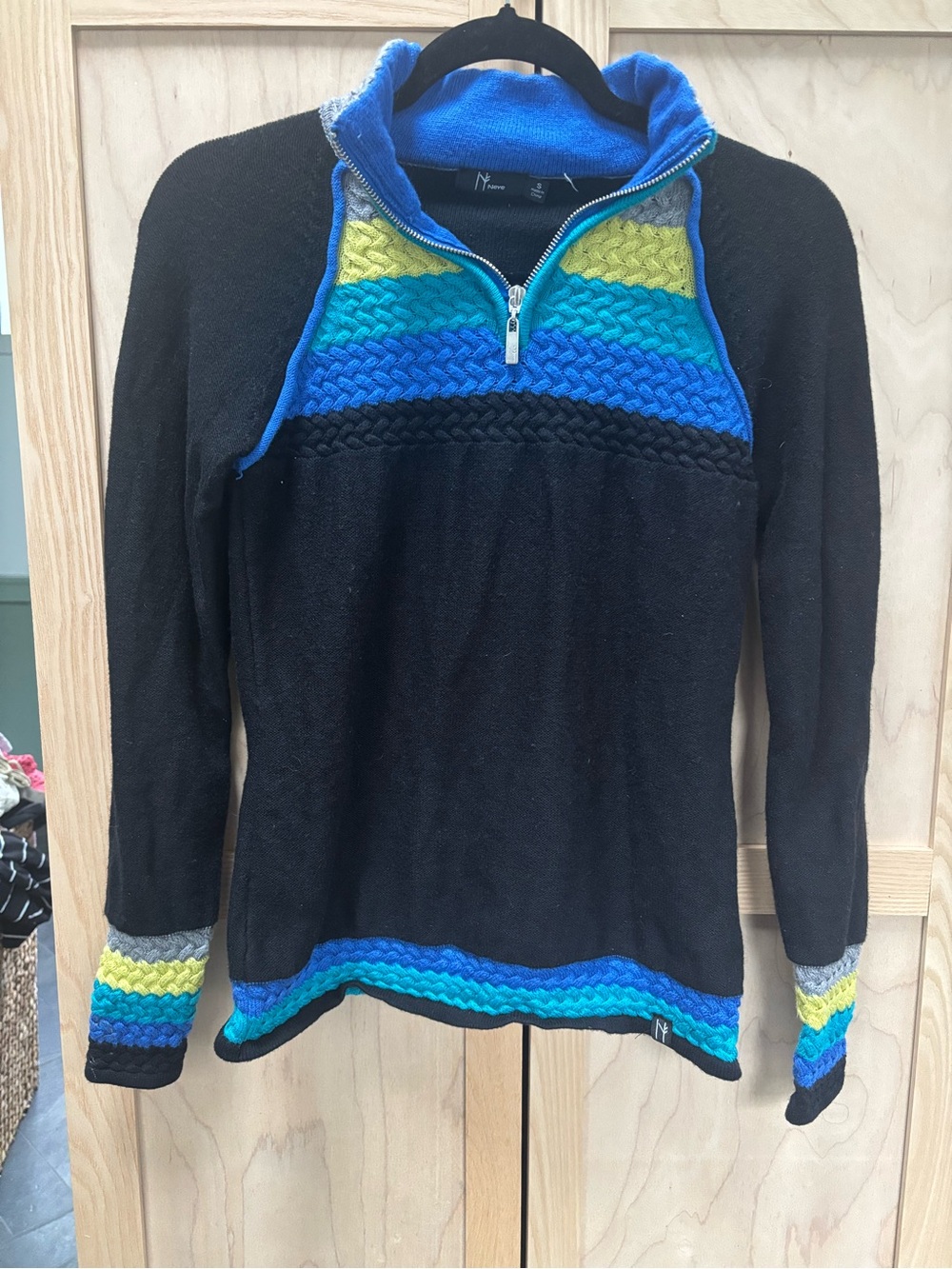 Neve Black Quarter-Zip Sweater with Blue & Green Accents